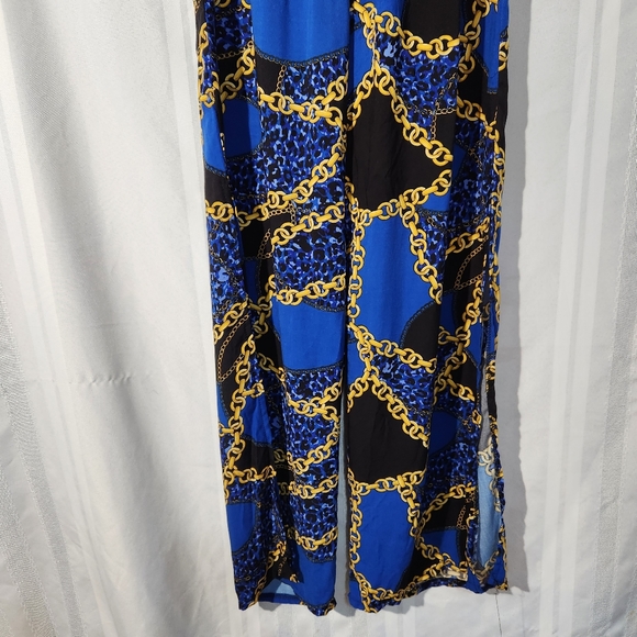 NEW LOOK BLUE/GOLD CHAIN SPLIT HEM HIGH WAIST TROUSERS SIZE LARGE - Picture 3 of 16